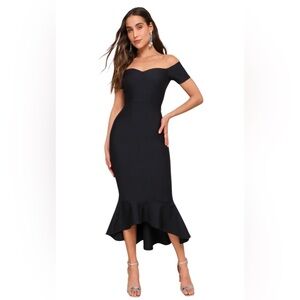 NWT Lulu’s How Much I Care midnight blue off the shoulder midi dress size XS